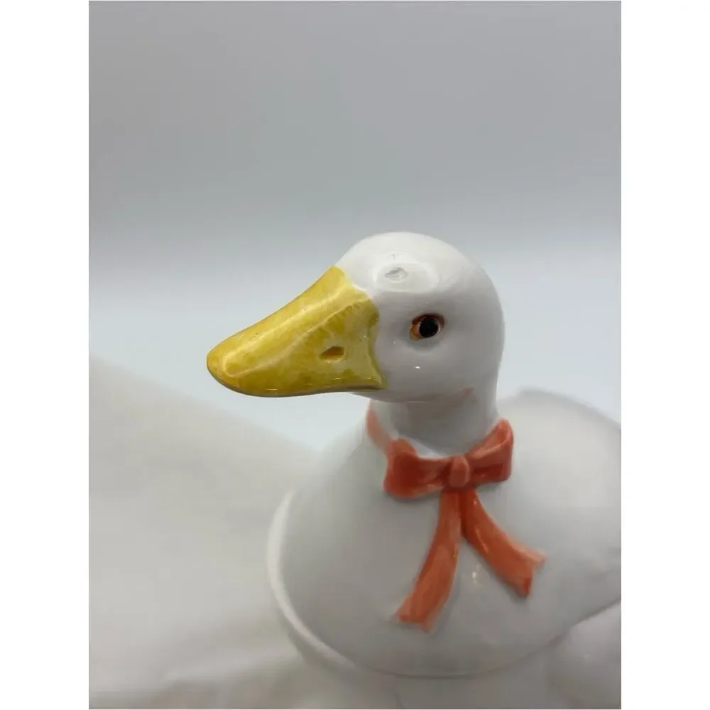 Vintage Otagiri Japan Ceramic White Goose Sugar Bowl with Orange Bow Collar